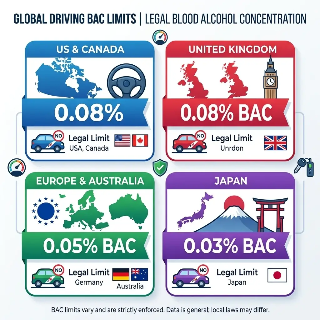 Global infographic of legal blood alcohol concentration limits for drivers.
