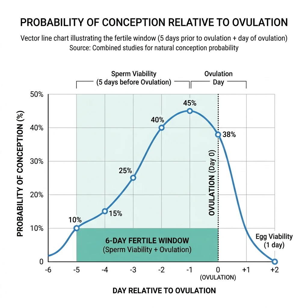 Graph showing the likelihood of conception by day relative to the day of ovulation.