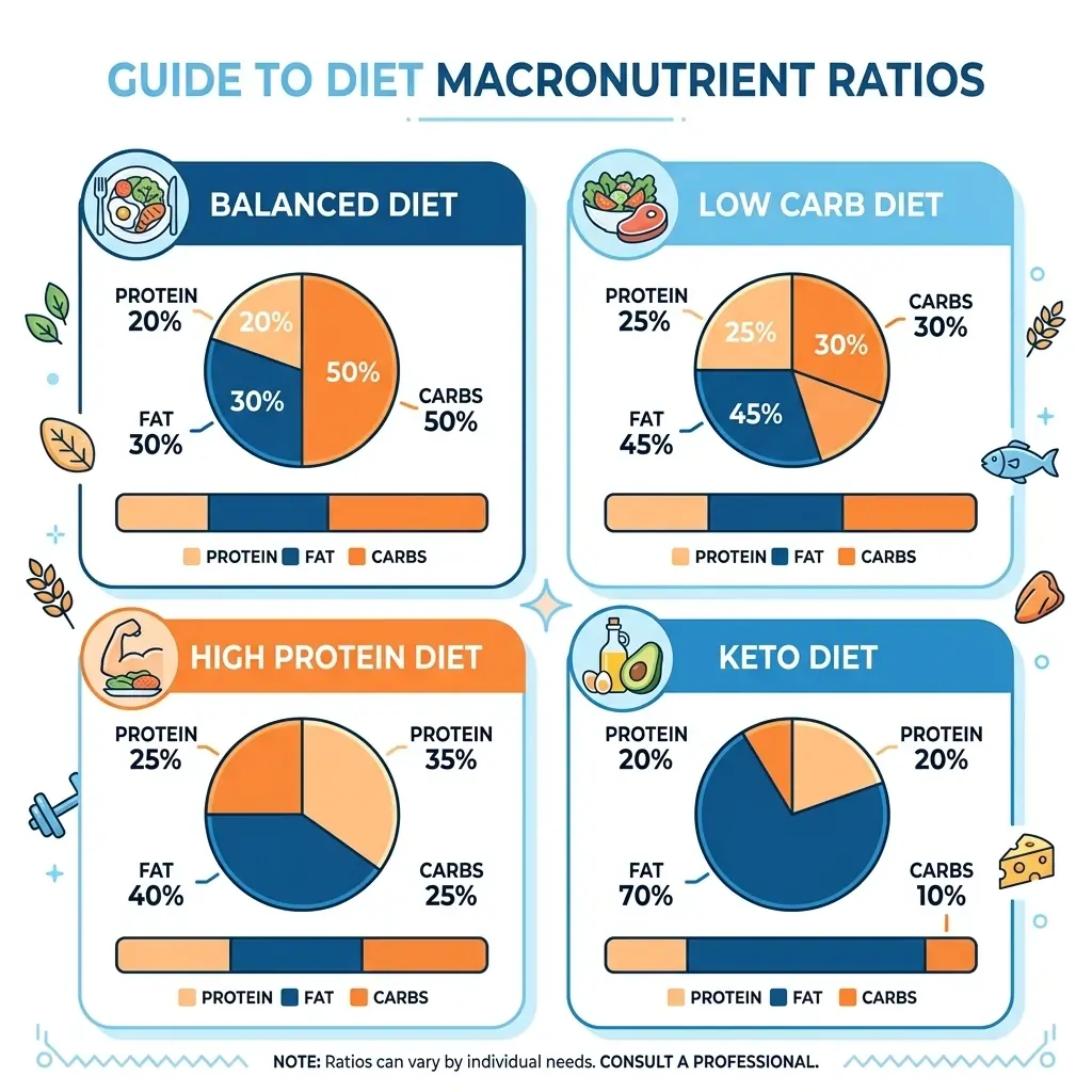 Macronutrient ratio pie charts for Balanced, High Protein, Low Carb, and Keto diet programs.