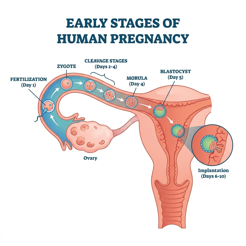 Visual timeline of early pregnancy milestones from fertilization to uterine wall implantation.