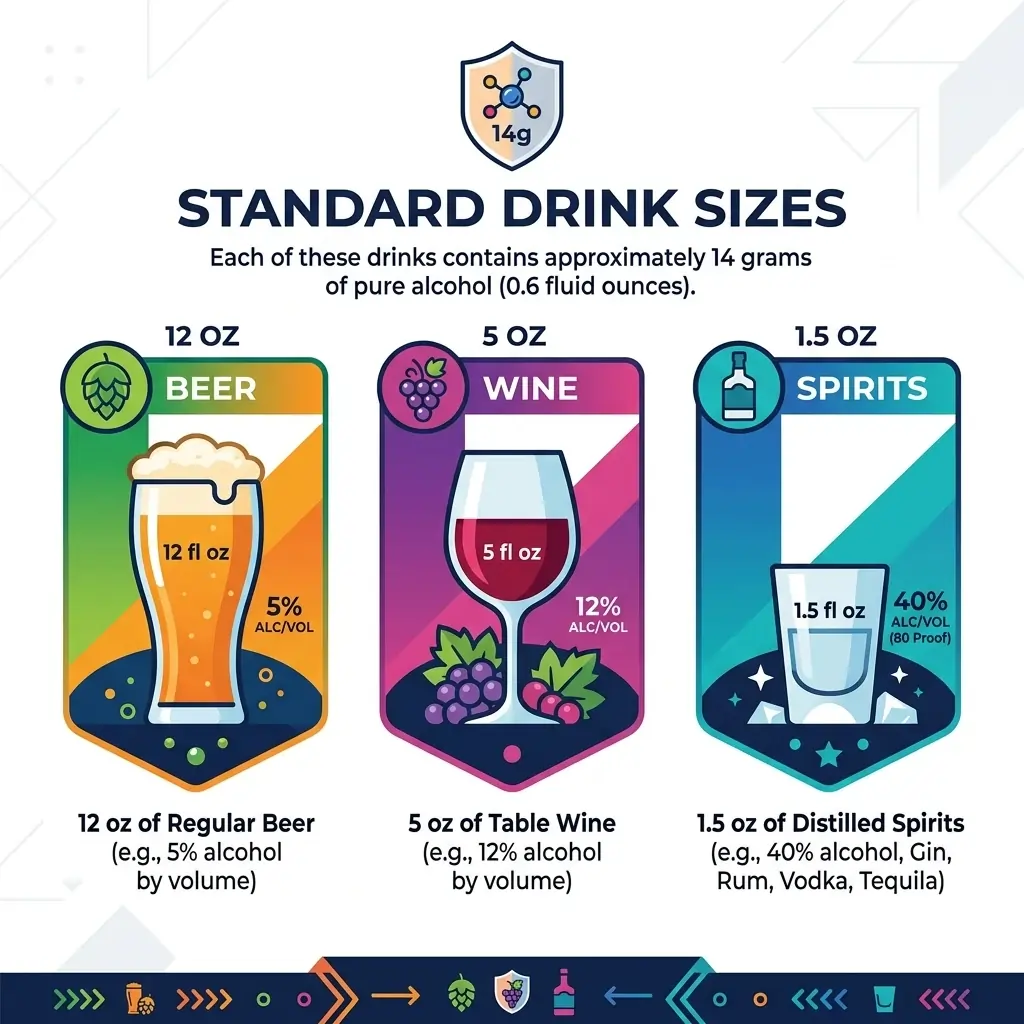 Vector chart showcasing standard drink equivalences containing 14g of pure alcohol: beer, wine, and hard spirits.
